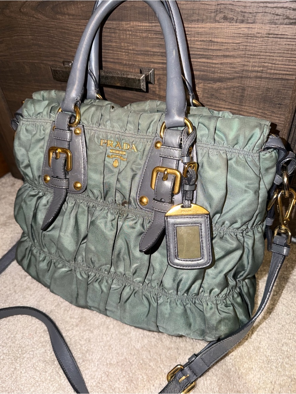 Prada Green Ruched Nylon Shoulder Bag with Gray Leather Trim